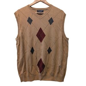 Roundtree & Yorke Mens Large Tan Argyle V-Neck 100% Cotton Sweater Vest L